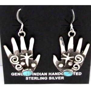 Navajo Alex Sanchez Petroglyph Dangle Healing Hands Earrings Sterling Silver